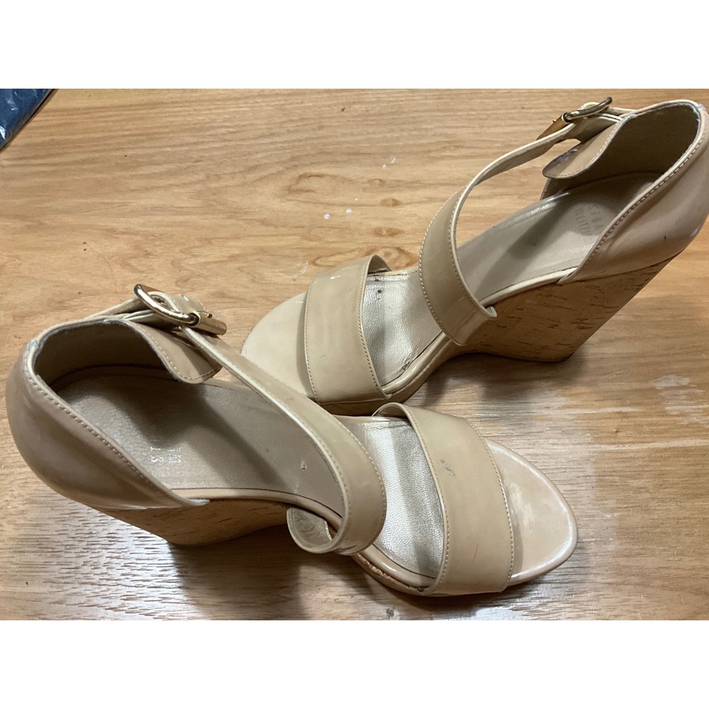 AS IS Stuart Weitzman Beige Patent Leather Cork Wedge Sandals Ankle Strap Womens